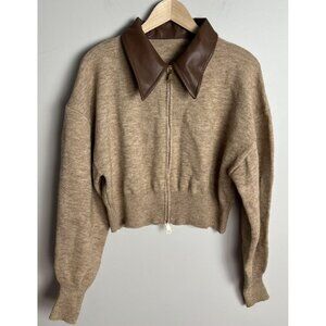Commense Panel Neck Double-Zip Crop Cardigan Khaki Size Medium Women’s